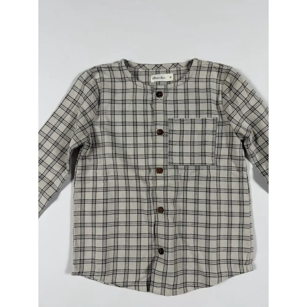 Oliver & Rain Plaid Collarless Button Down Shirt Cream Gray Size 2